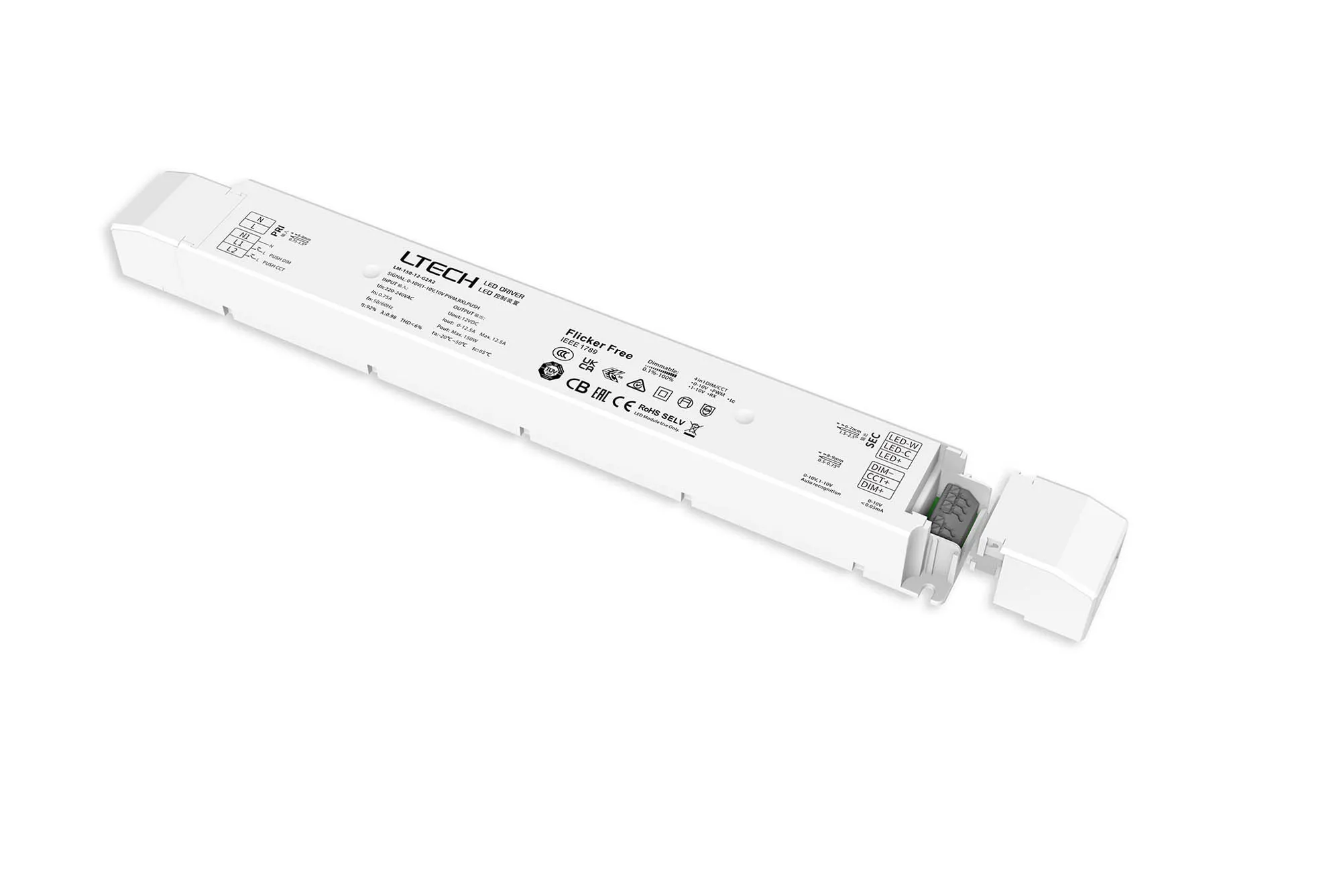 0-10V/1-10V/10V PWM/RX/Push DIM/CT, 0-100% Dim, CV 150W 12Vdc 12.5A, 200-240Vac,IP20, 5yrs Warranty. LM-150-12-G2A2  LTECH Constant Voltage